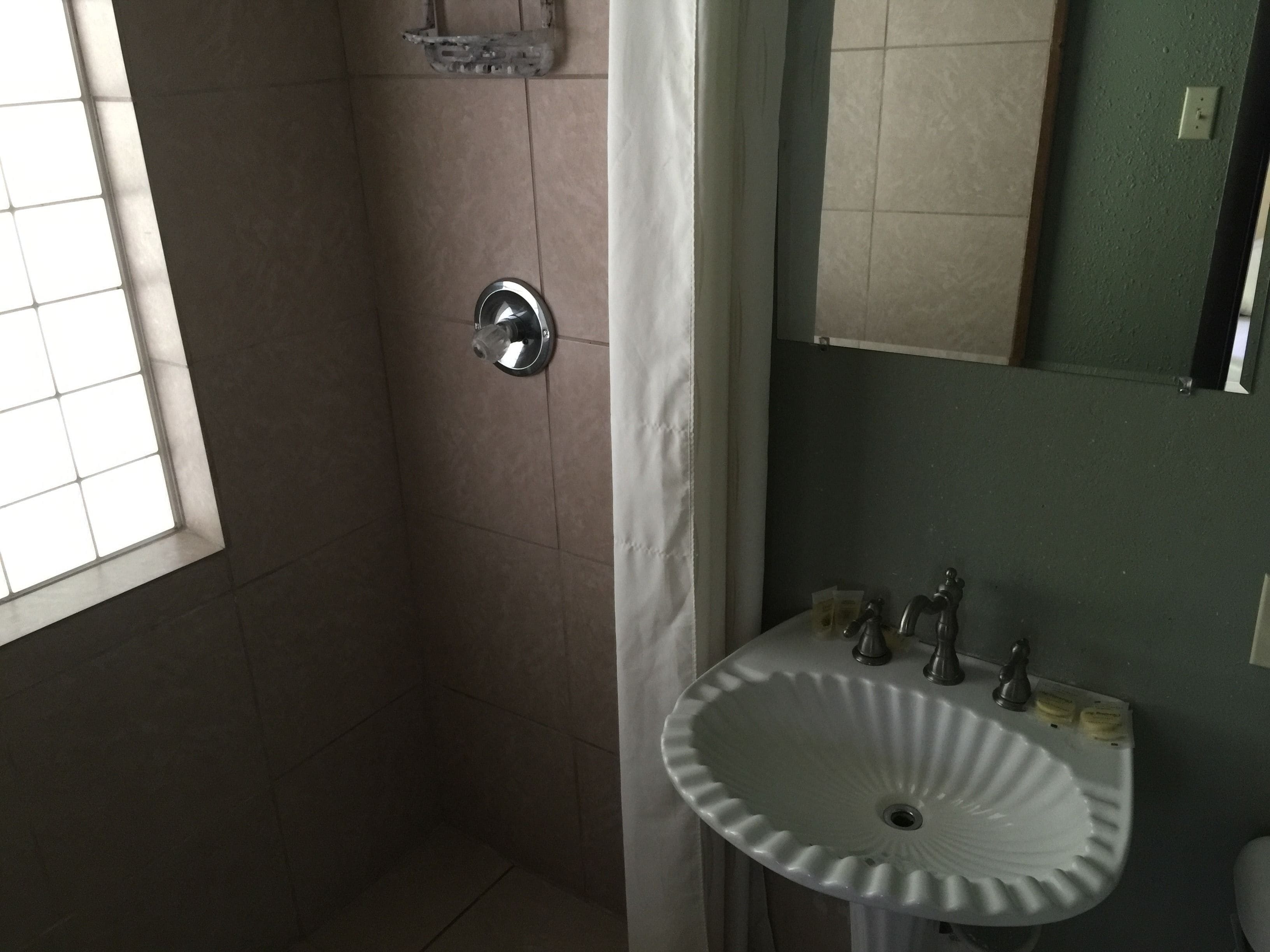 A bathroom with a shower, a sink, and a mirror.