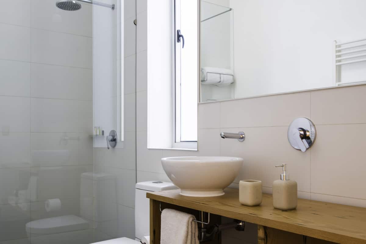 shower, rainfall showerhead, free toiletries, hair dryer