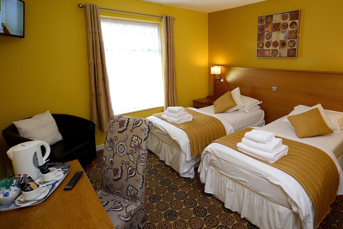 A hotel room with two beds, a desk with a coffee maker, a chair, and a television on the wall.