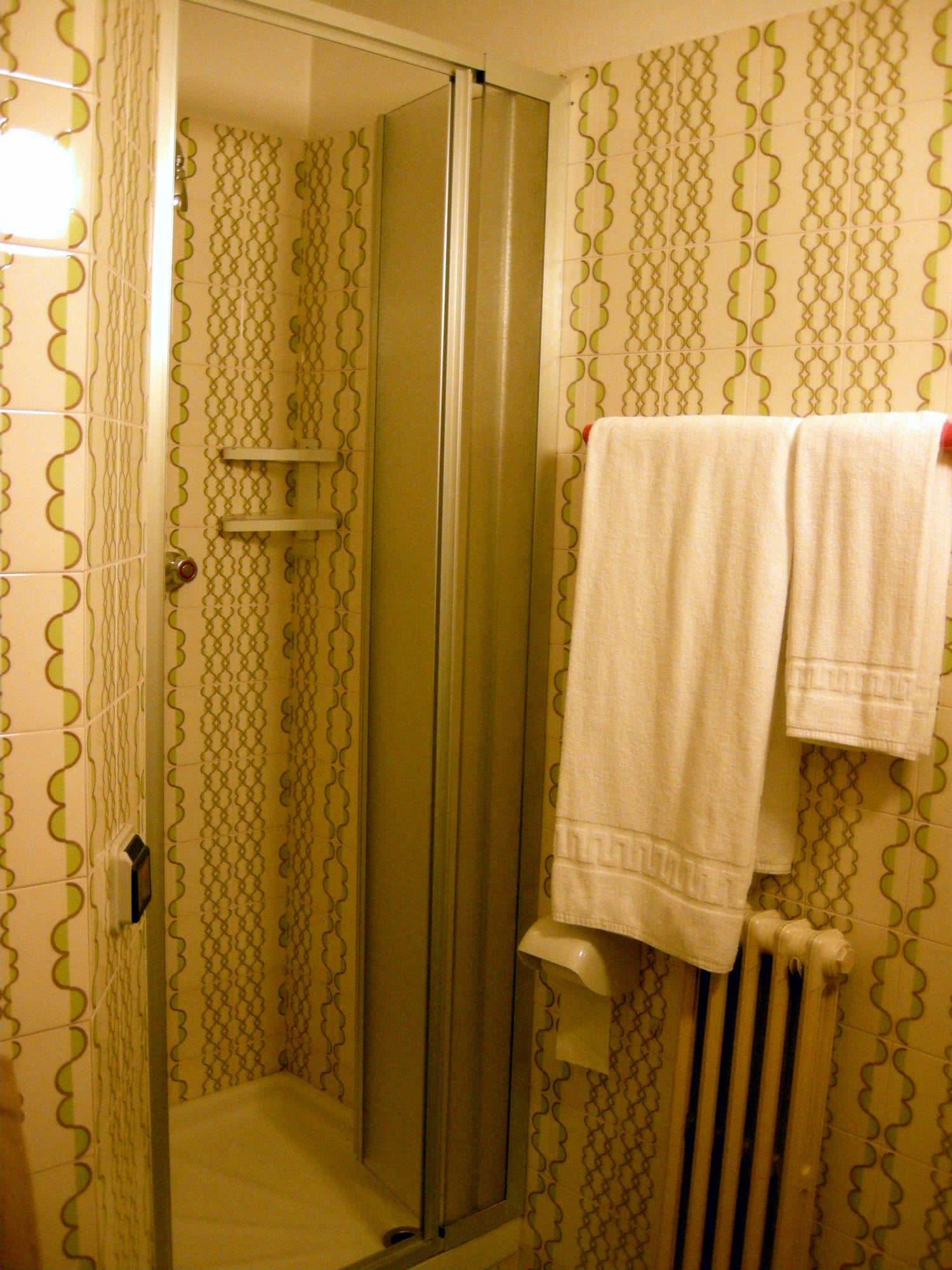 Une salle de bain avec un papier peint à motifs, une cabine de douche en verre et un porte-serviettes avec deux serviettes.