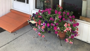 A storefront with a large glass window displaying a 'OPEN' sign, a welcome sign, and a sign for 'Swann's Garden Center'. - Alta Vista Motel (Baldwin)