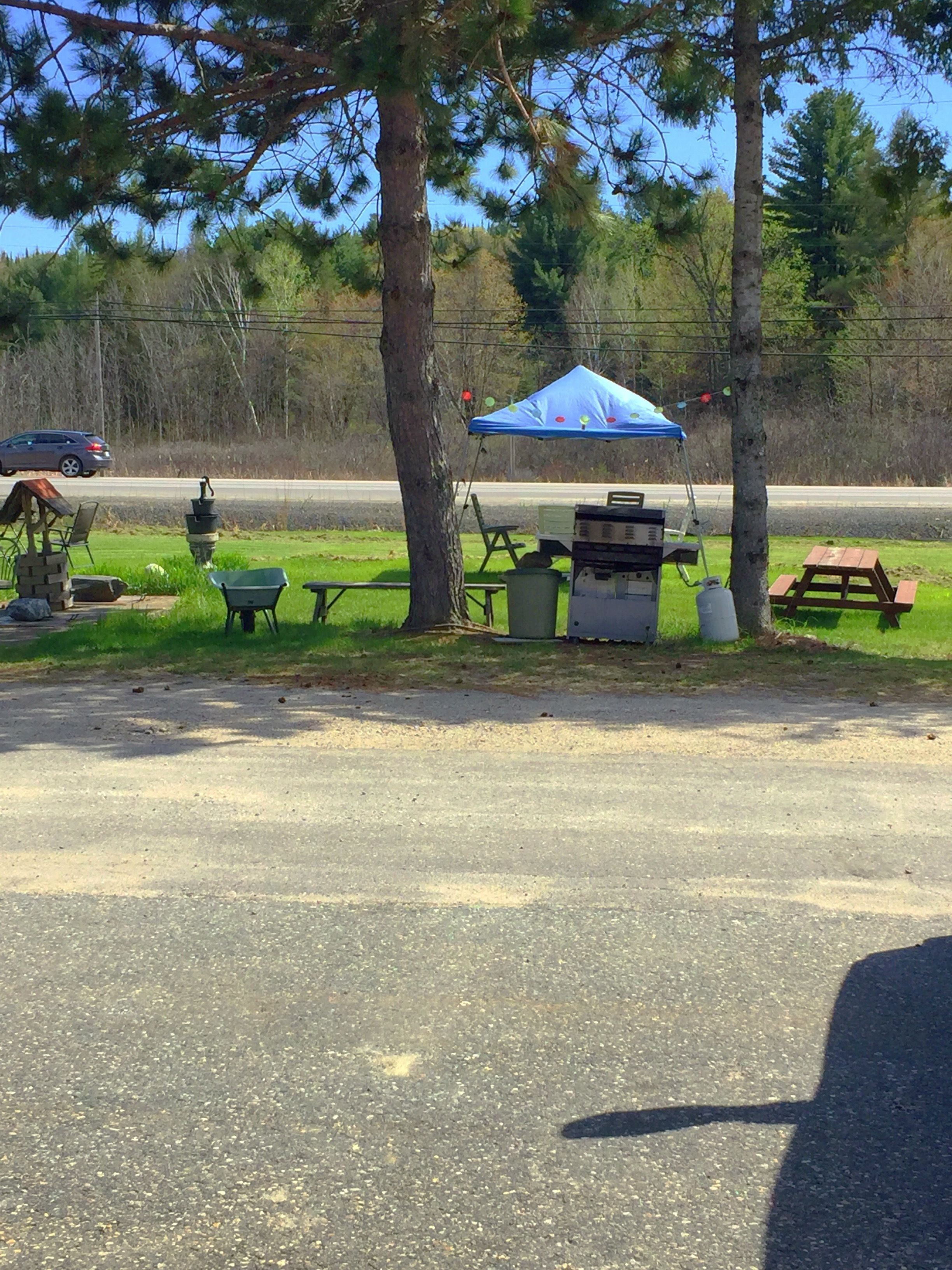 Un montaje para picnic con una mesa, sillas y un toldo azul.