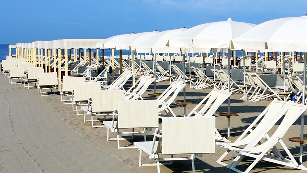 Une plage bordée de rangées de transats et de parasols blancs, disposés en ligne le long du rivage.