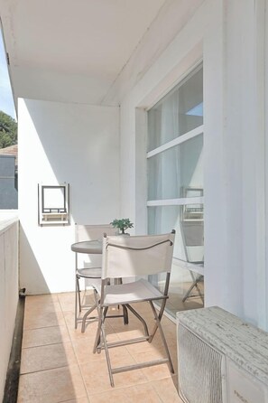 Un balcon avec une table et des chaises, un pot de fleurs et un radiateur.