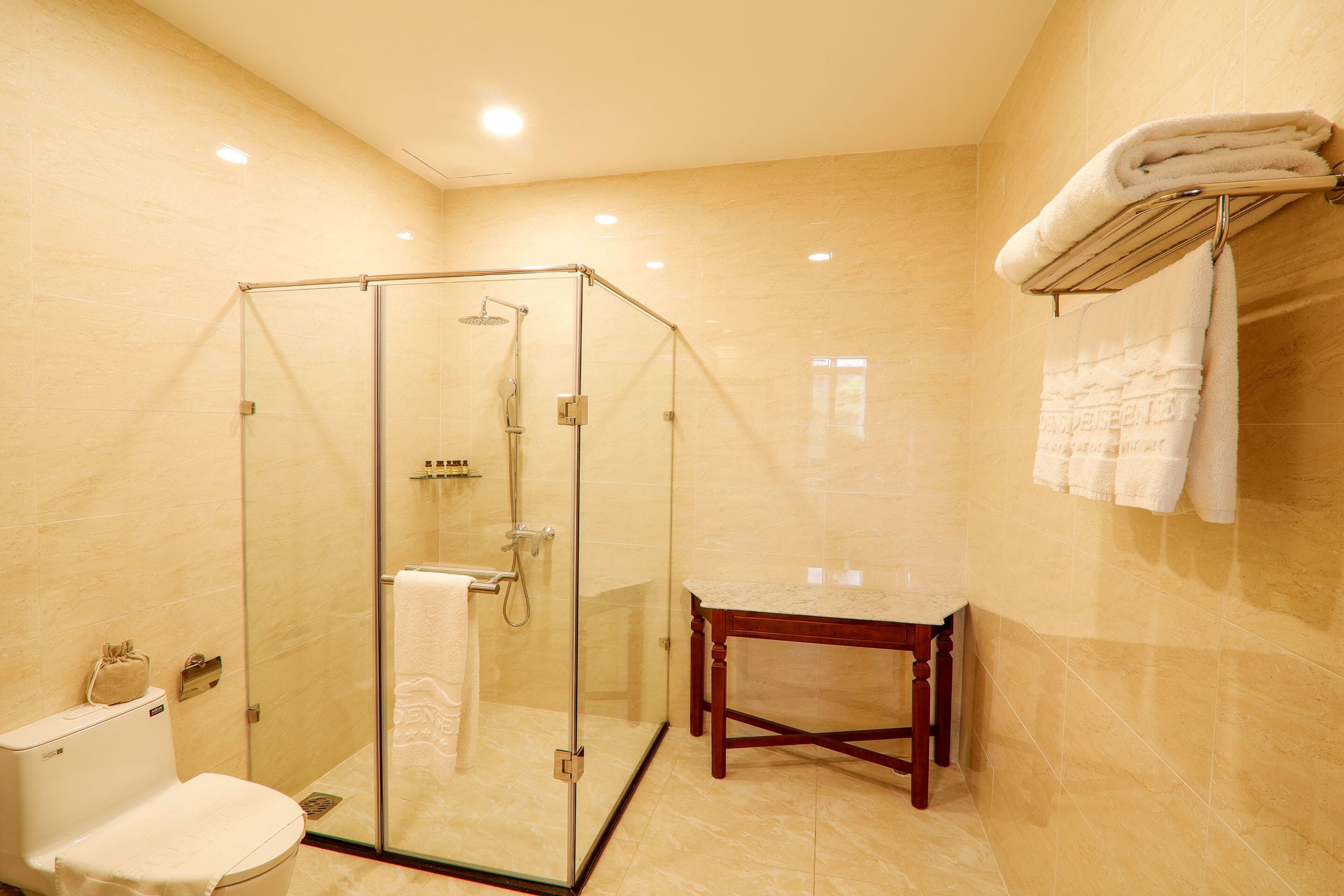 A bathroom with a glass-enclosed shower, a toilet, a vanity with a marble countertop, and a towel rack with folded towels.