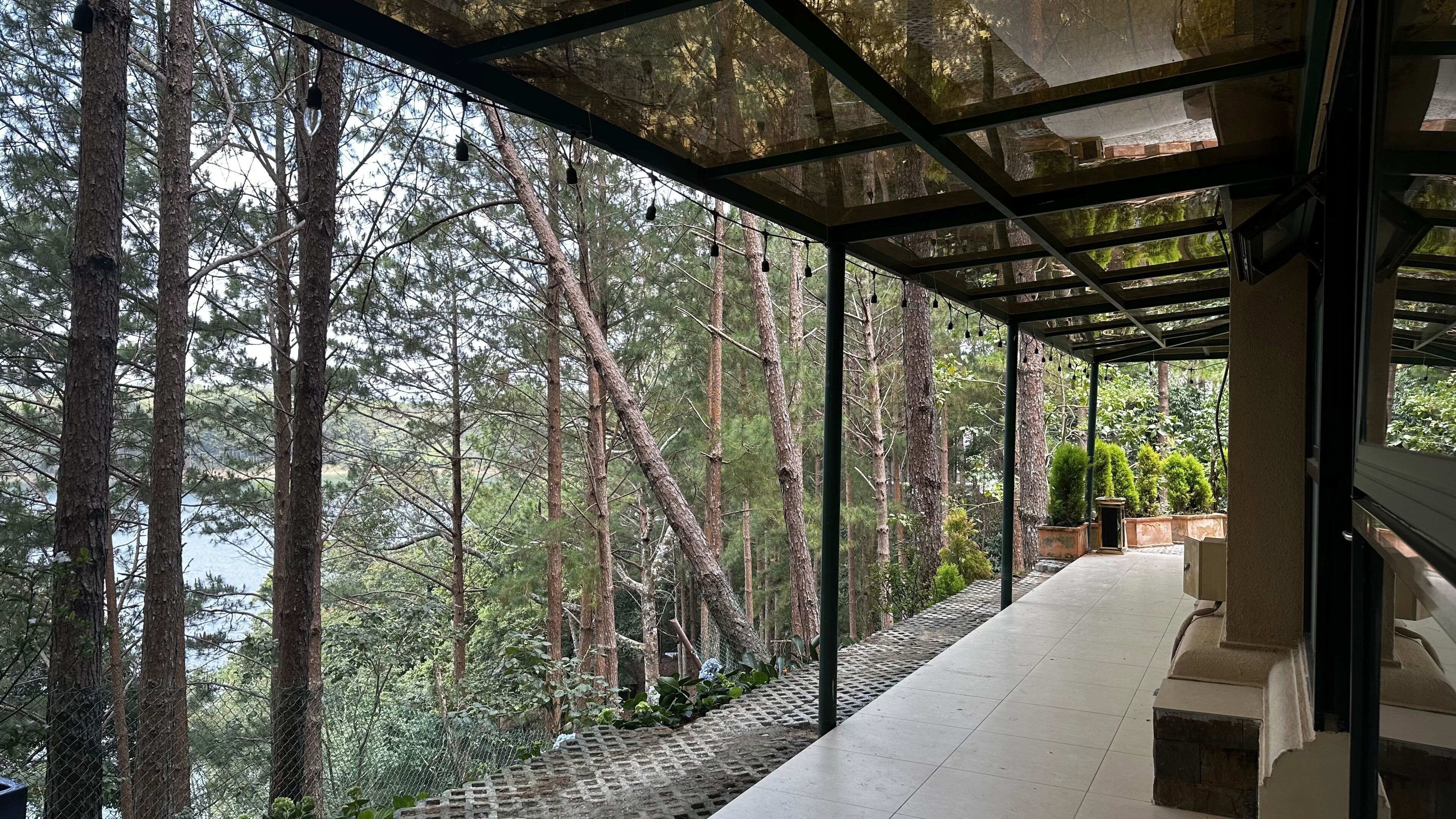 A covered walkway with a view of a forest and a body of water.