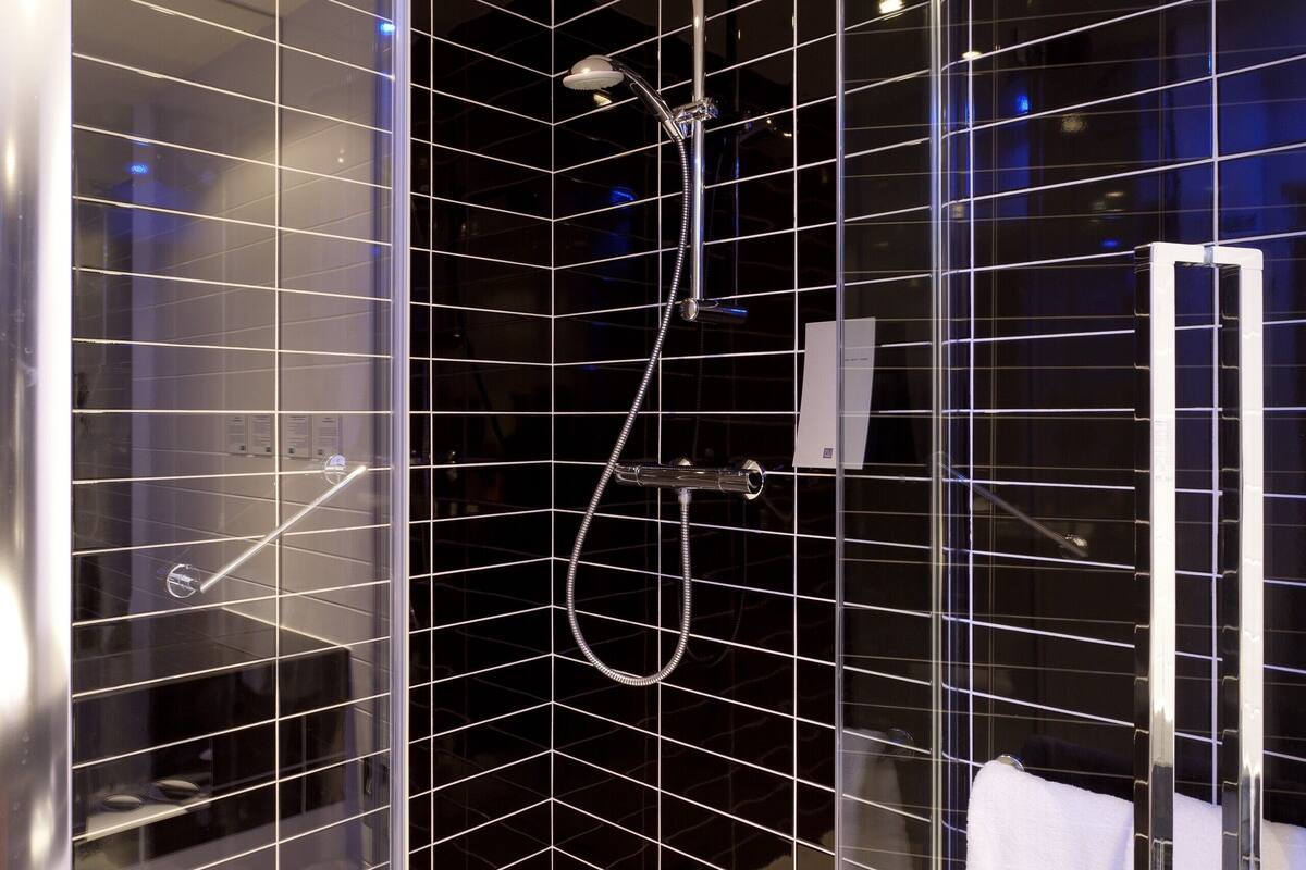 shower, free toiletries, hair dryer, towels