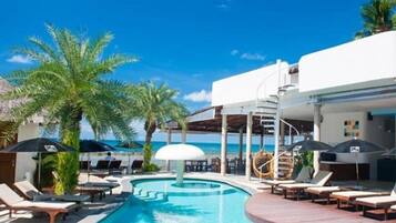 Outdoor pool, pool umbrellas, pool loungers