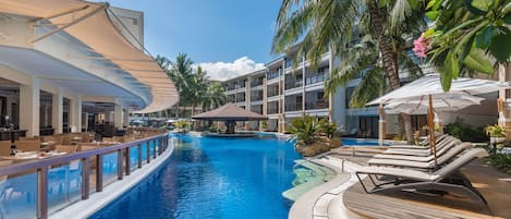 2 outdoor pools, open 8:00 AM to 9:00 PM, pool umbrellas, pool loungers