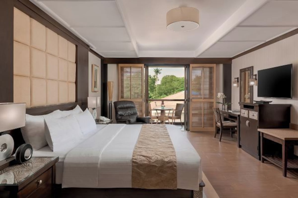 A hotel room with a large bed, a desk, a chair, a TV, and a balcony with a view of greenery.