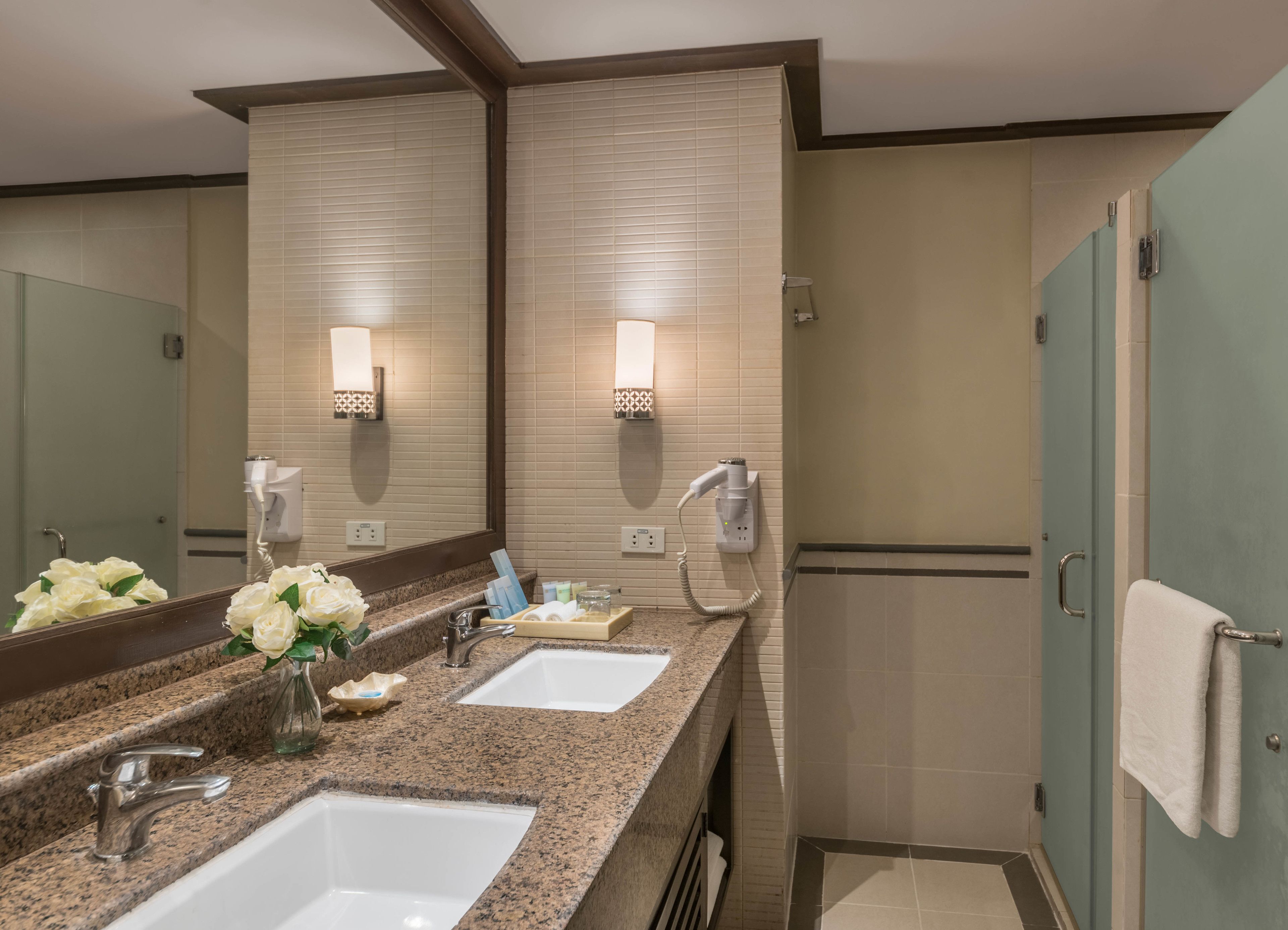 shower, free toiletries, hair dryer, slippers