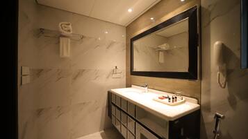 Shower, rainfall showerhead, designer toiletries, bathrobes