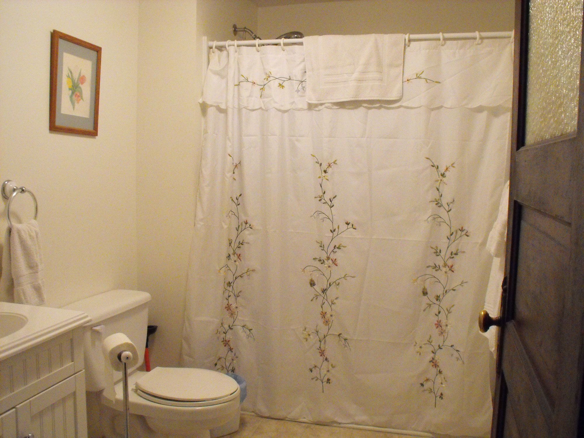 A bathroom with a toilet, a sink, and a shower curtain with floral patterns.