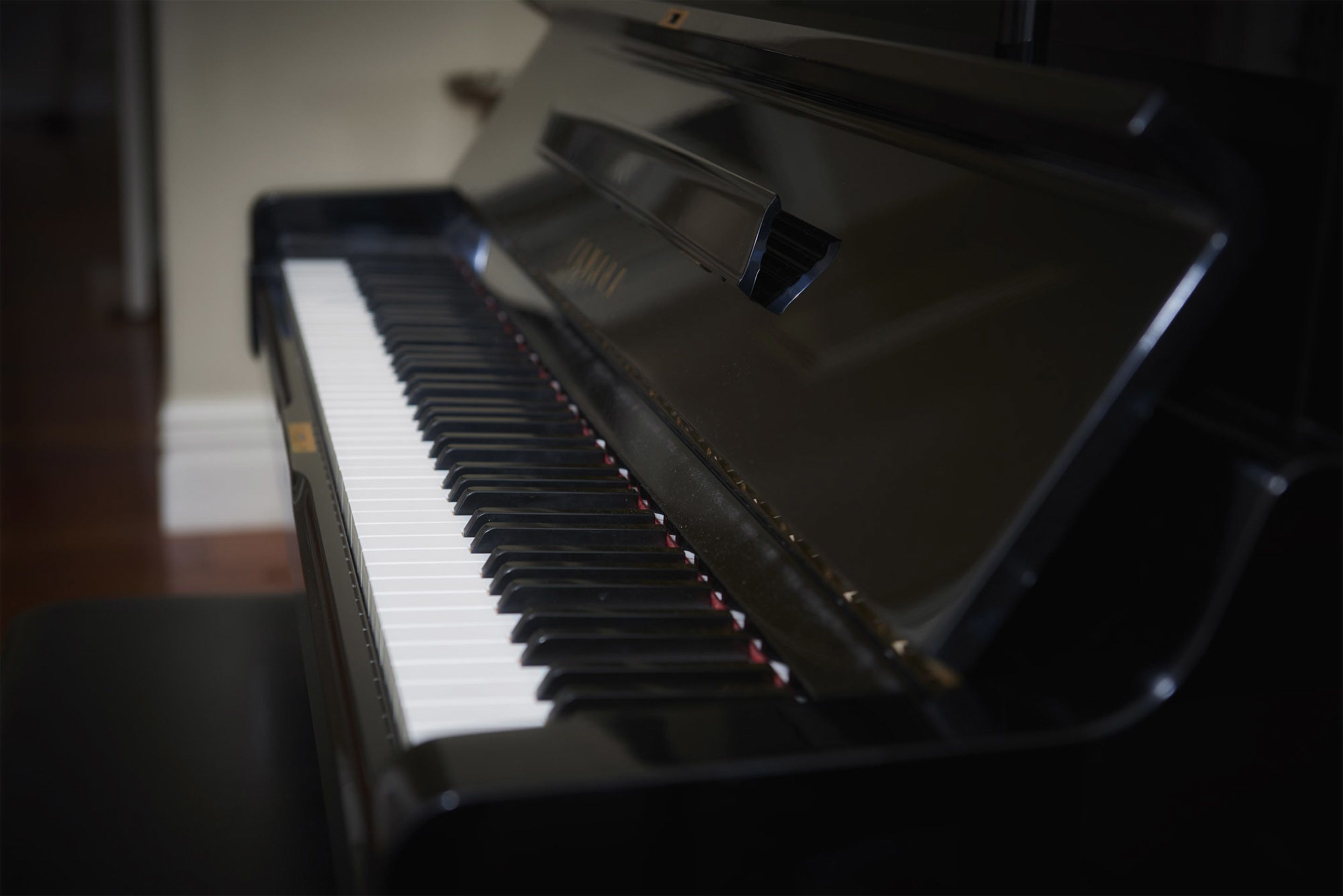 A close-up of a piano with a black finish and white keys.