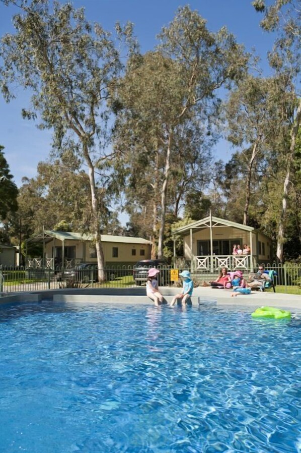 Outdoor pool, pool umbrellas, pool loungers