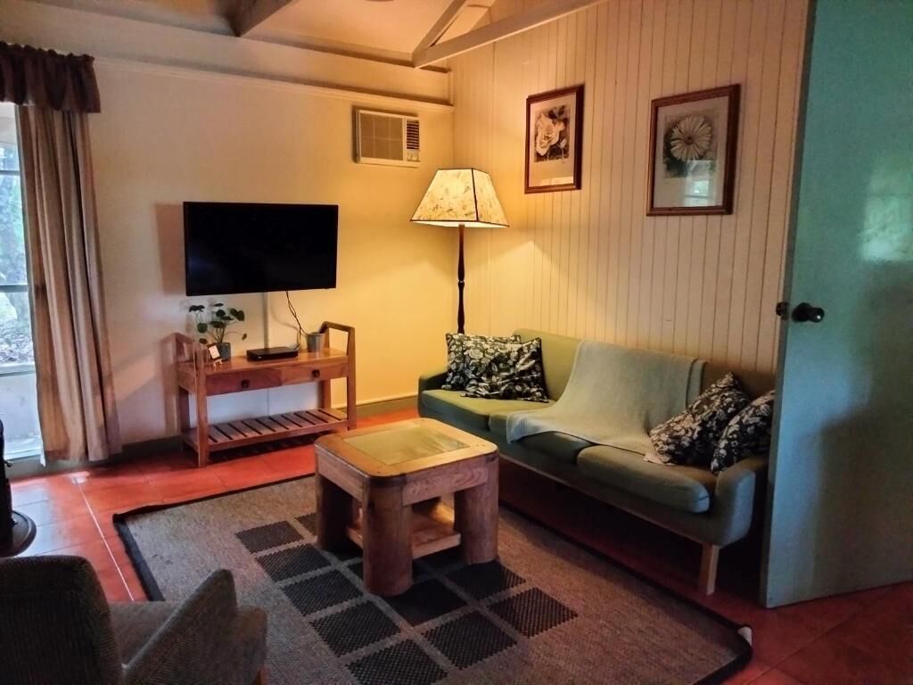 Una sala de estar con televisión, lámpara, sofá y mesa de centro.
