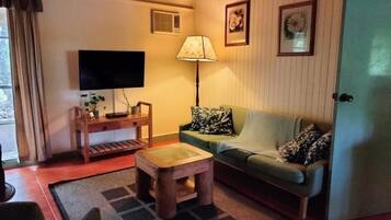 Una sala de estar con televisión, lámpara, sofá y mesa de centro.