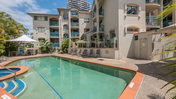 Outdoor pool, pool umbrellas, pool loungers