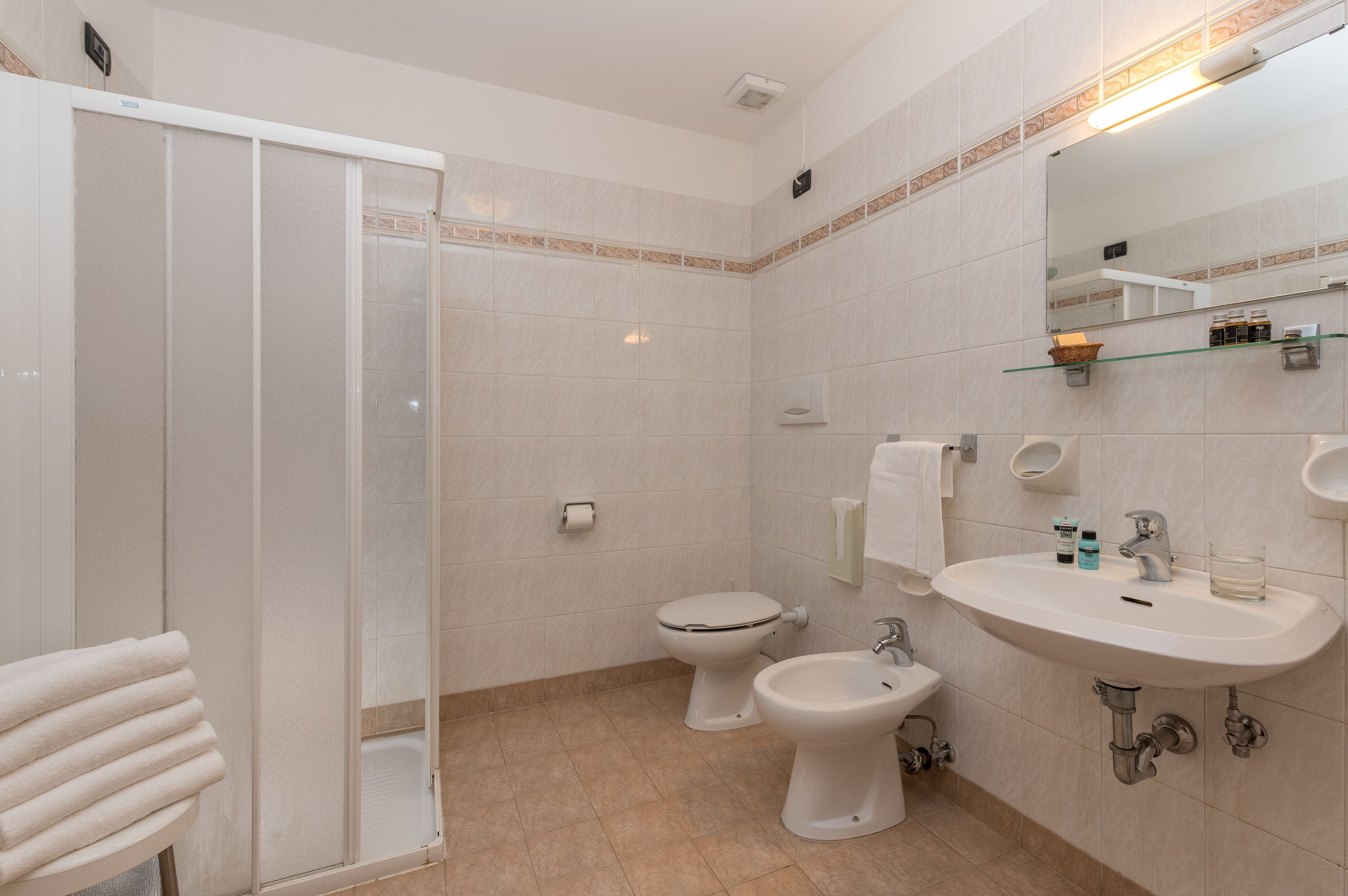 A bathroom with a shower, toilet, bidet, sink, and a mirror.