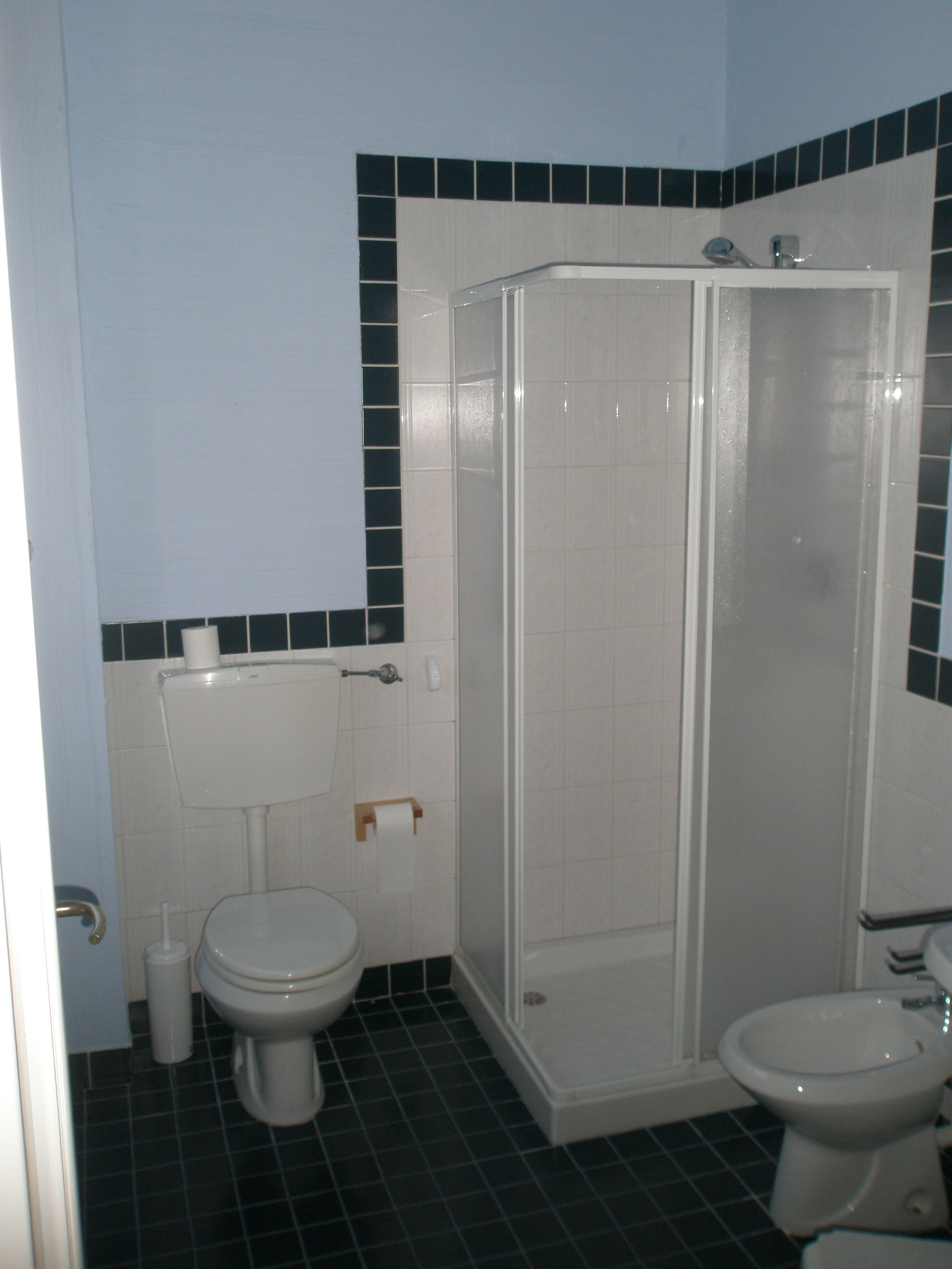Une salle de bain comprenant des toilettes, un espace douche et un lavabo.