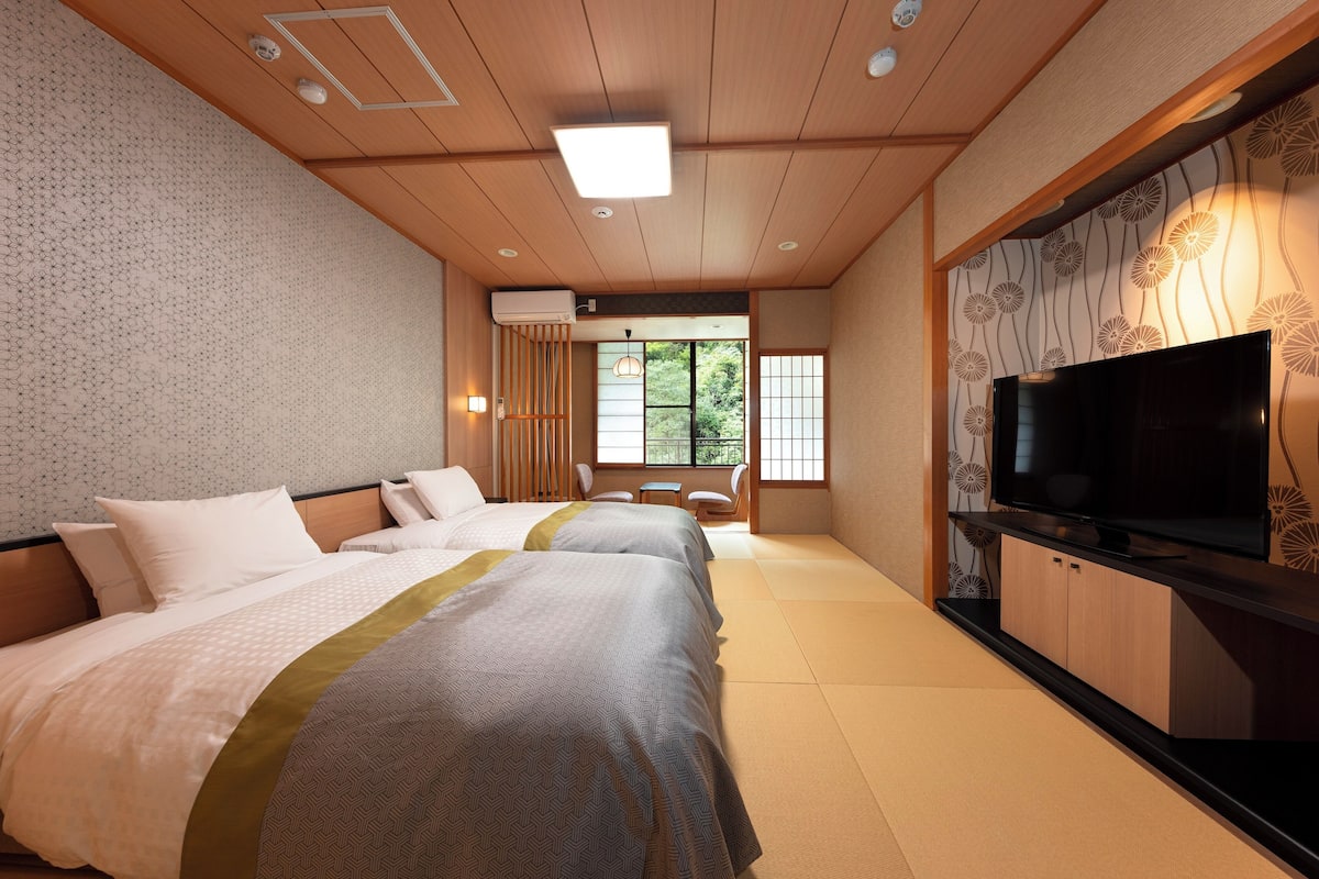 A hotel room with a large bed, a TV, and a view of the outdoors.