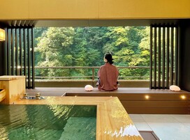 A person sitting by a window overlooking a forest, with a wooden table and a small water feature in the foreground.
