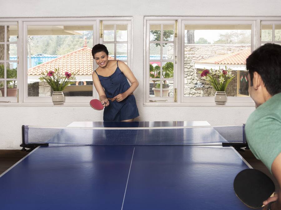 Een tafeltennistafel met twee spelers, een raam met uitzicht op gebouwen en potplanten op de vensterbank.