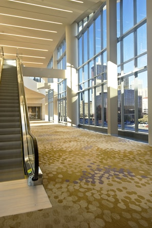 An interior with an escalator, large windows, and a patterned carpet.