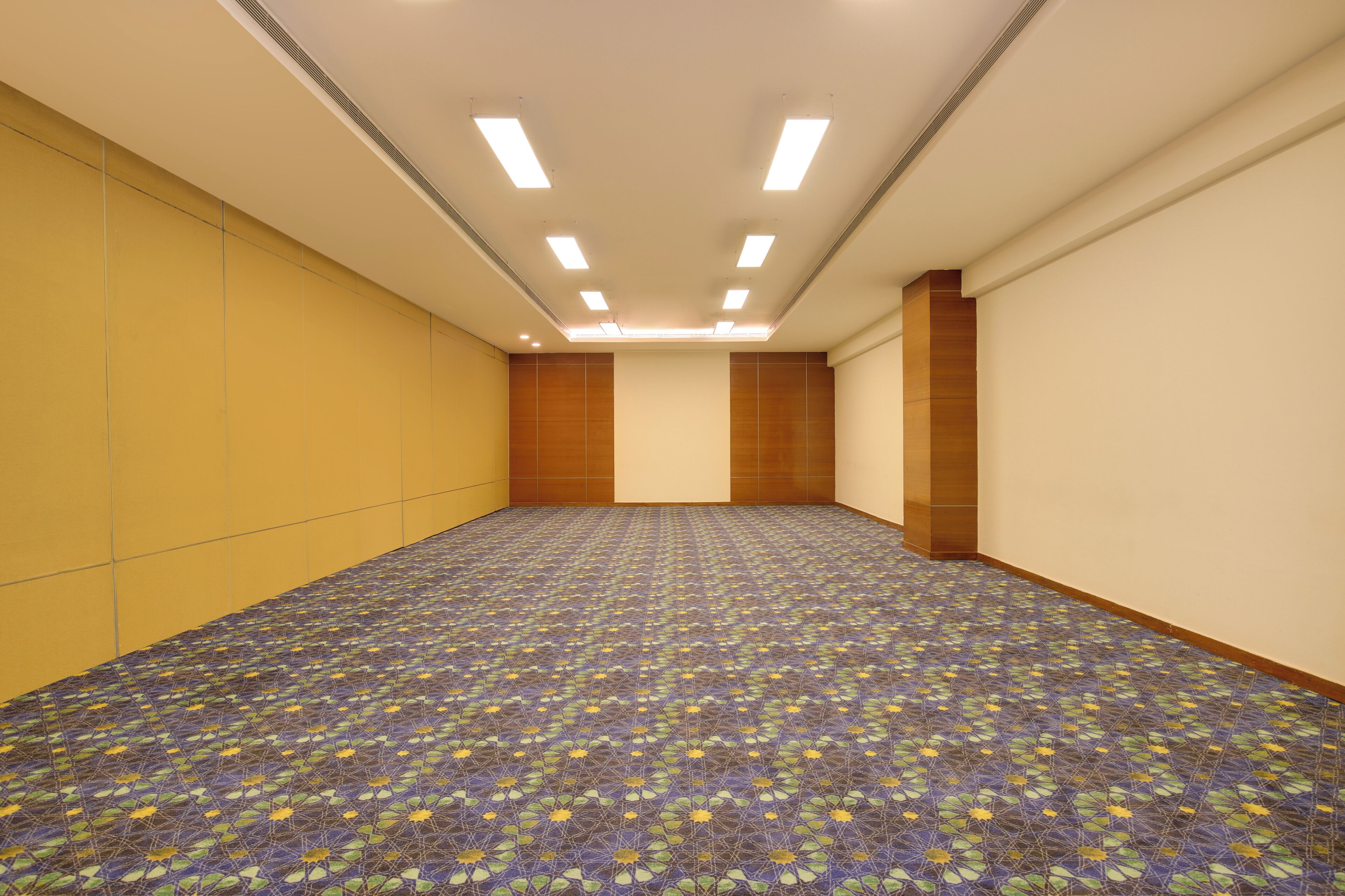 A large, empty room with a patterned carpet, recessed ceiling lights, and plain walls.
