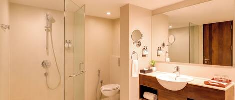 A modern bathroom with a glass shower enclosure, a toilet, a sink with a wooden vanity, and a large mirror.