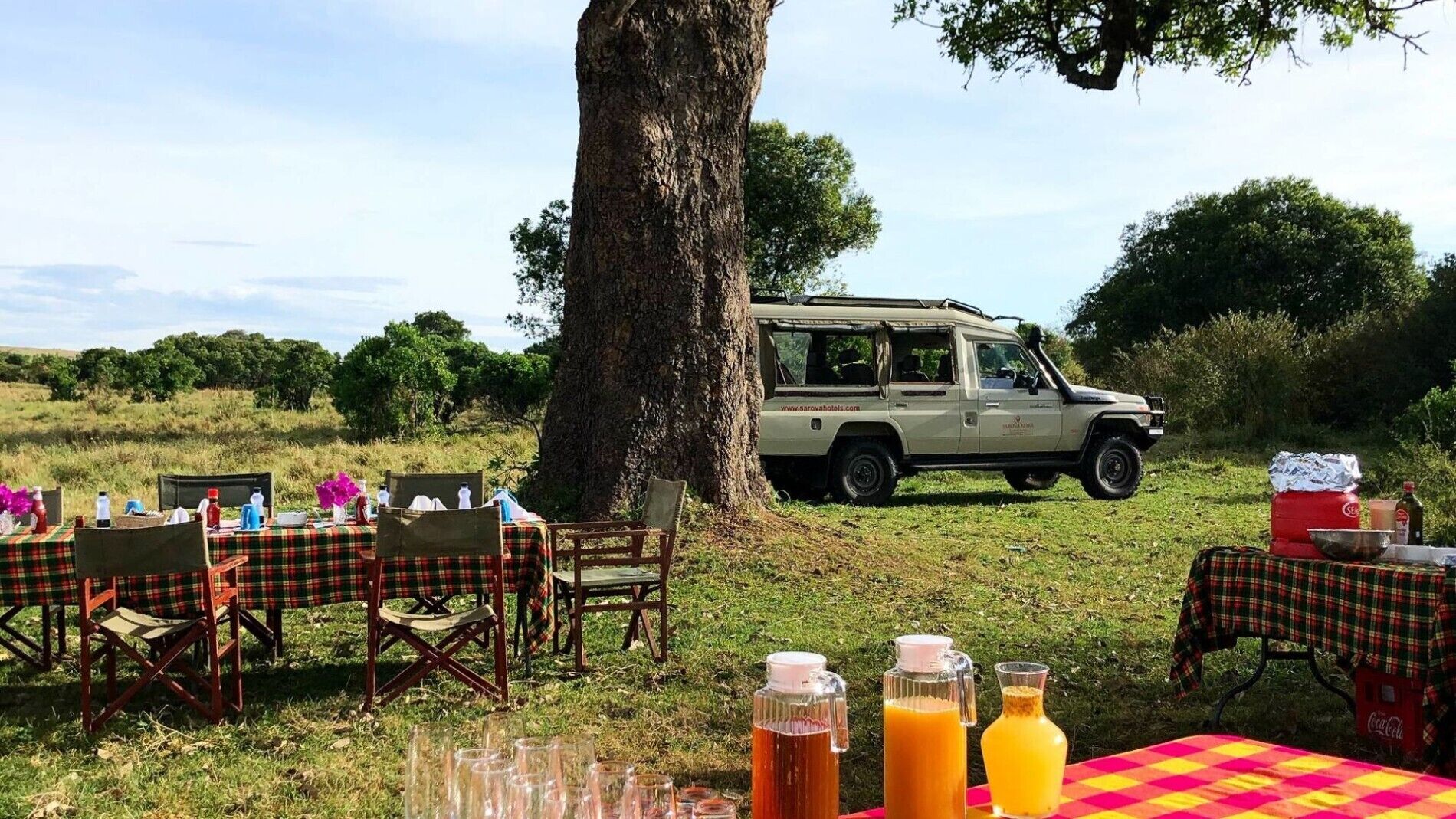 A safari vehicle parked near a tree with tables set up for a meal.