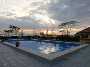 Une piscine entourée d’arbres et d’un bâtiment portant l’inscription « BAR DE LA PISCINE », avec des chaises longues et des parasols à proximité.