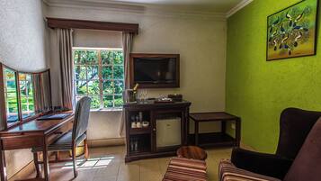 Habitación con televisión, escritorio, silla, sofá y ventana con cortinas.