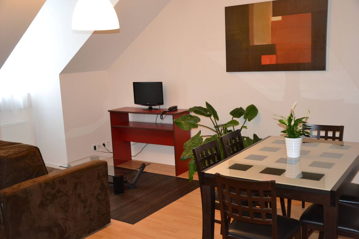 A modern dining area with a table, chairs, a television on a stand, and a potted plant.
