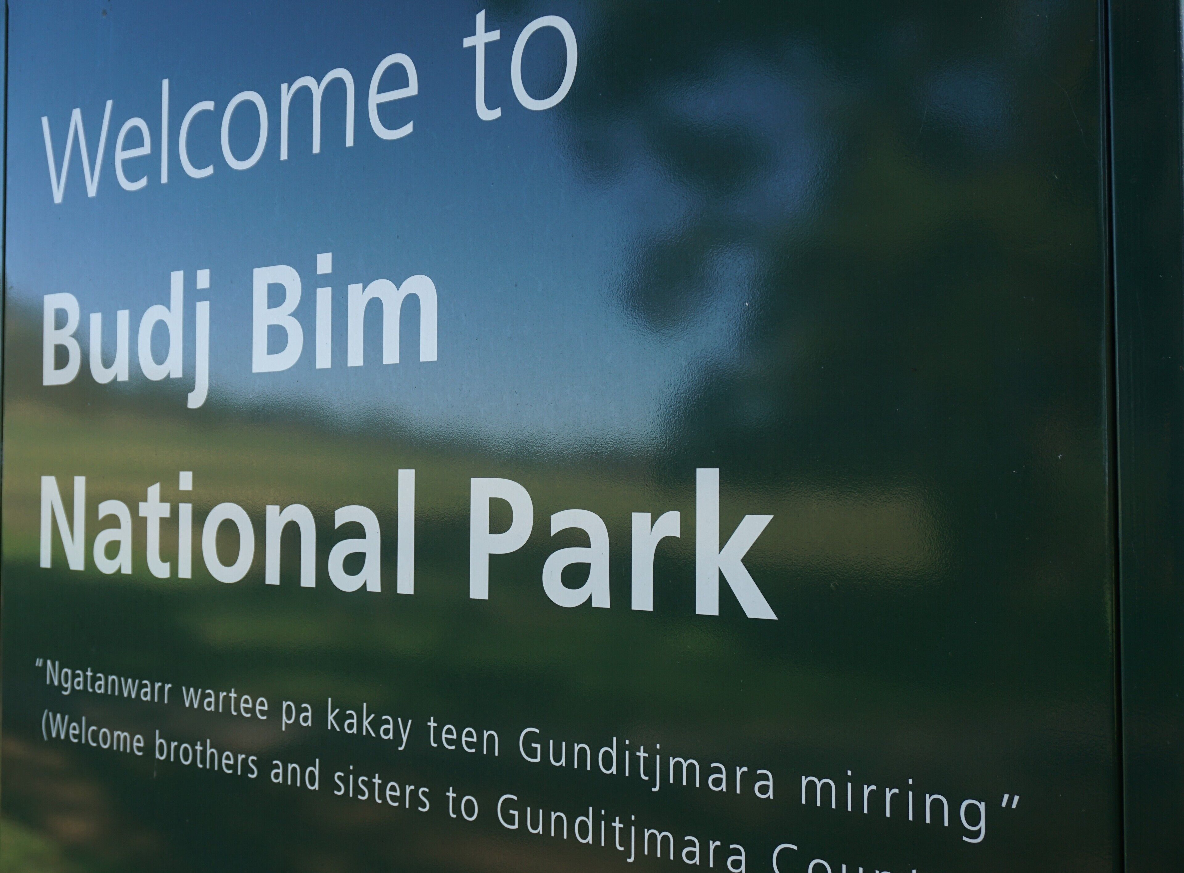 A welcome sign for Budj Bim National Park.