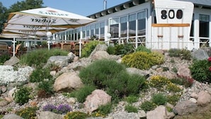 A mobile home with a number 800 on the side, surrounded by a garden with various plants and rocks. - Inselhof Vineta (Zempin)