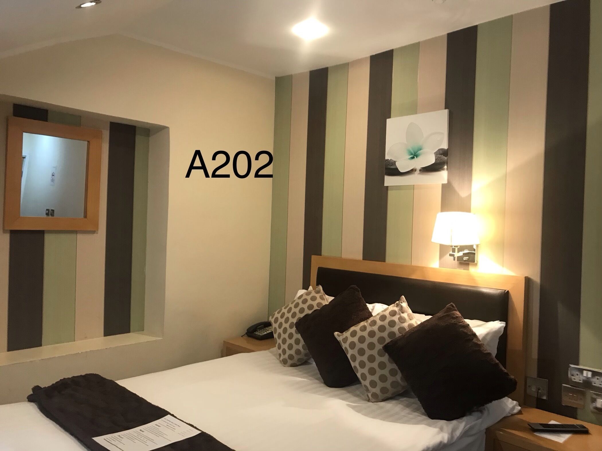 A hotel room with striped walls, a bed with multiple pillows, a bedside table with a lamp, a phone, and a framed picture on the wall.