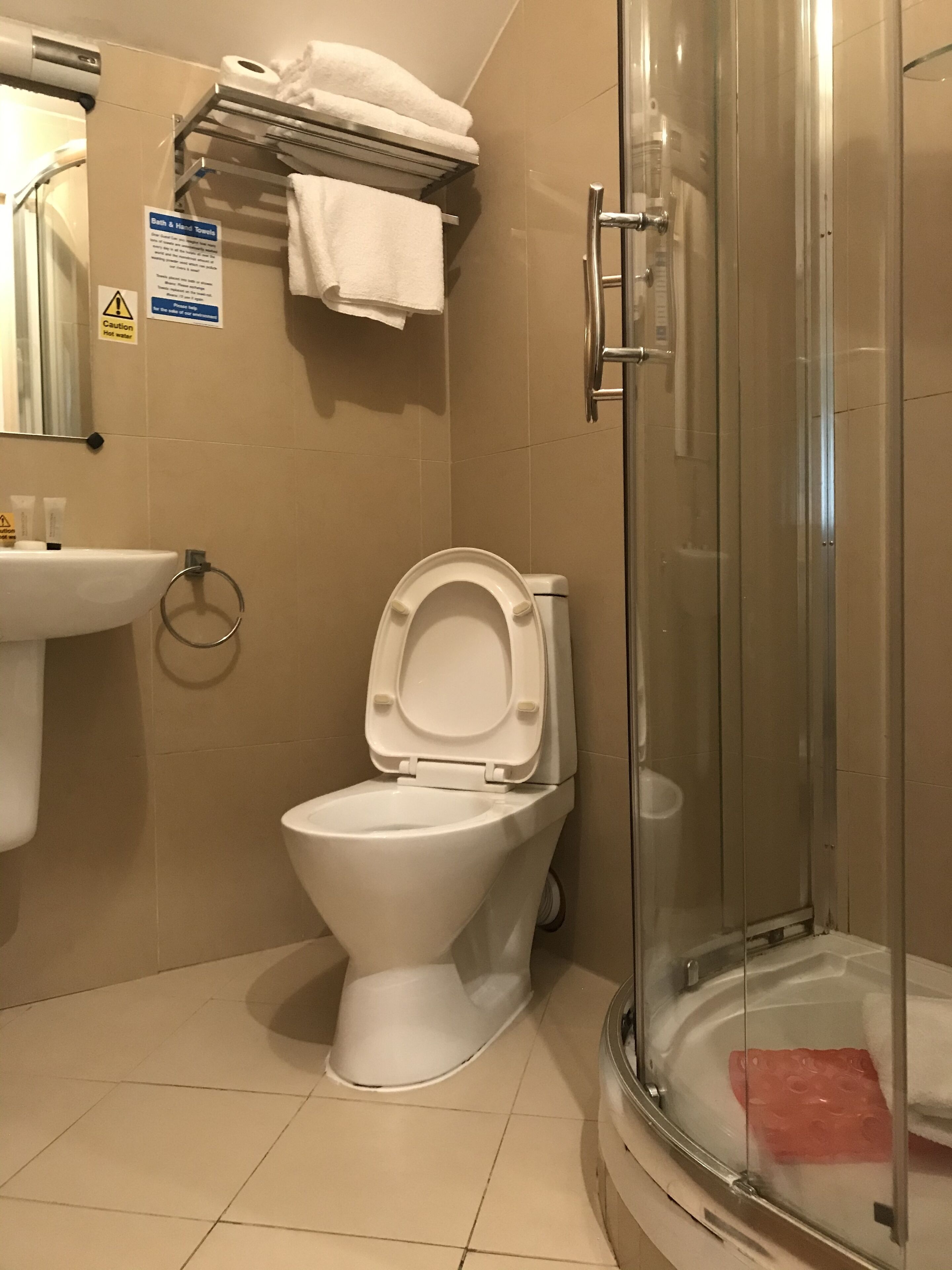 A bathroom with a toilet, sink, and glass shower enclosure.