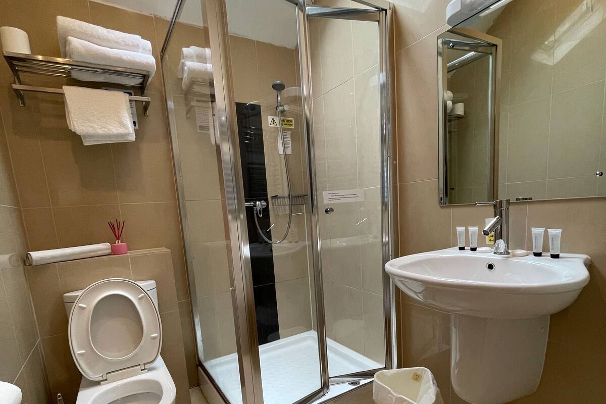 A modern bathroom with a glass-enclosed shower, a toilet, a sink, and a mirror.