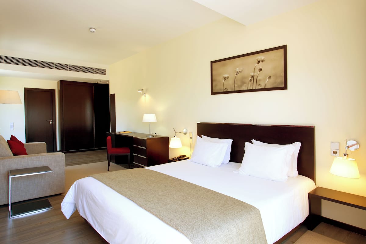 Habitación de hotel con una cama grande, un escritorio, una silla y un cuadro en la pared.