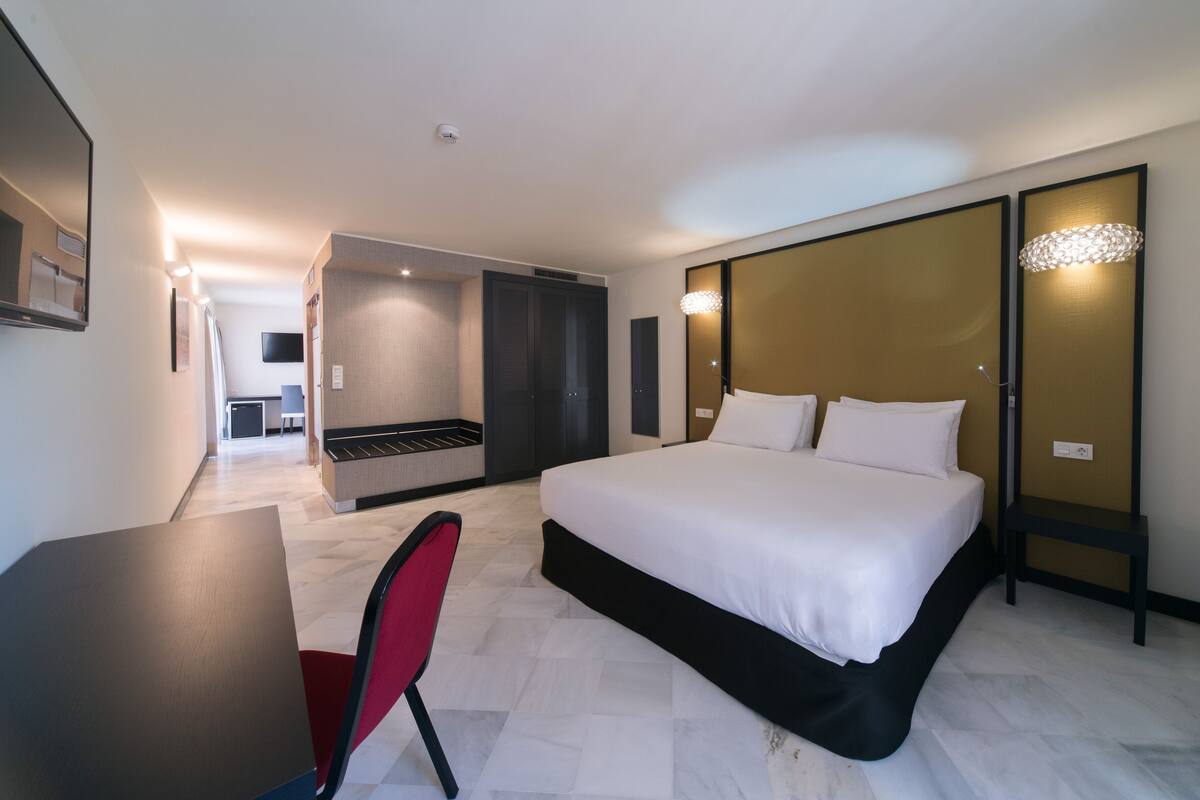 Habitación de hotel moderna con una cama grande, un escritorio y una silla. Cuenta con un vestidor y un televisor en la esquina.