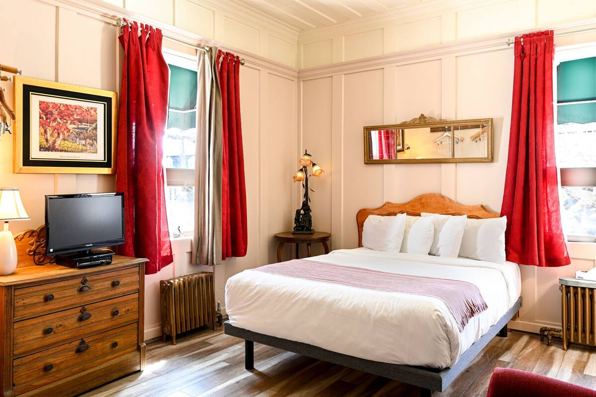 A hotel room with a bed, a dresser, a television, a radiator, and a mirror.