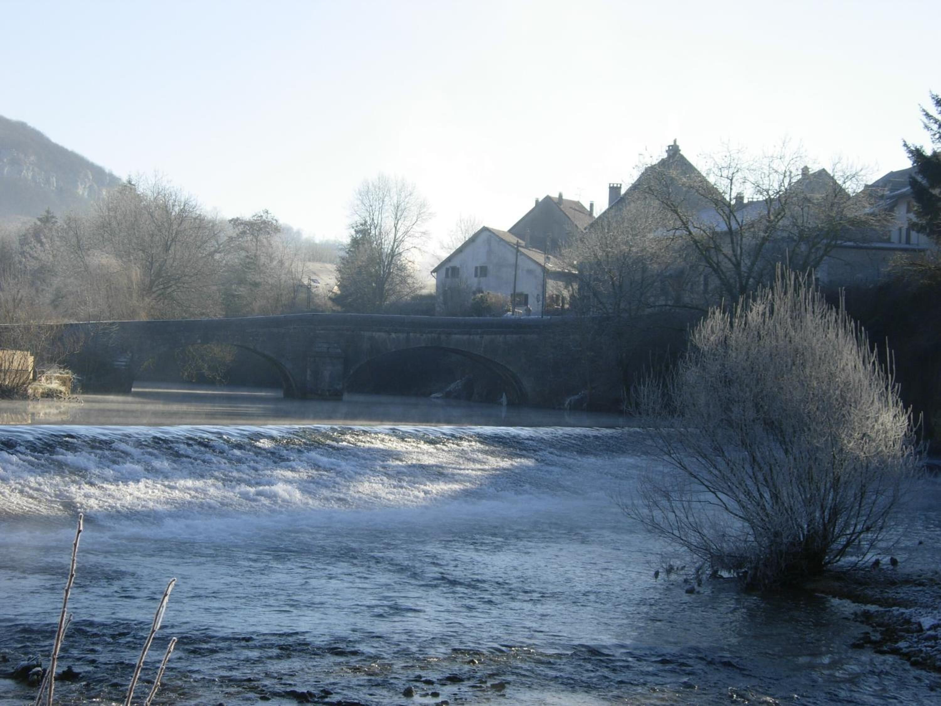 A stone bridge over a river with houses in the background.