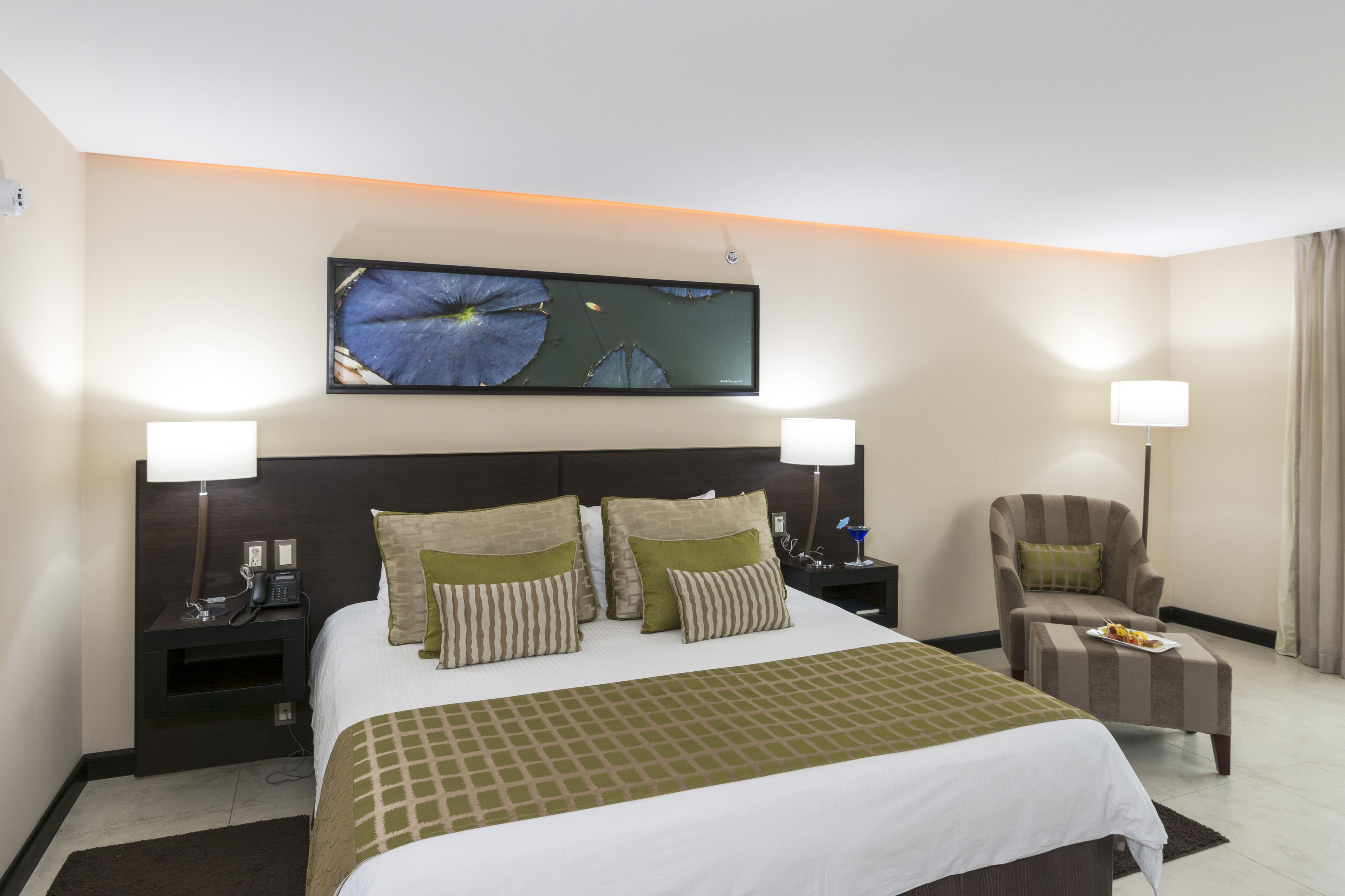 A hotel room with a large bed, two bedside tables with lamps, a chair, and a wall-mounted TV.