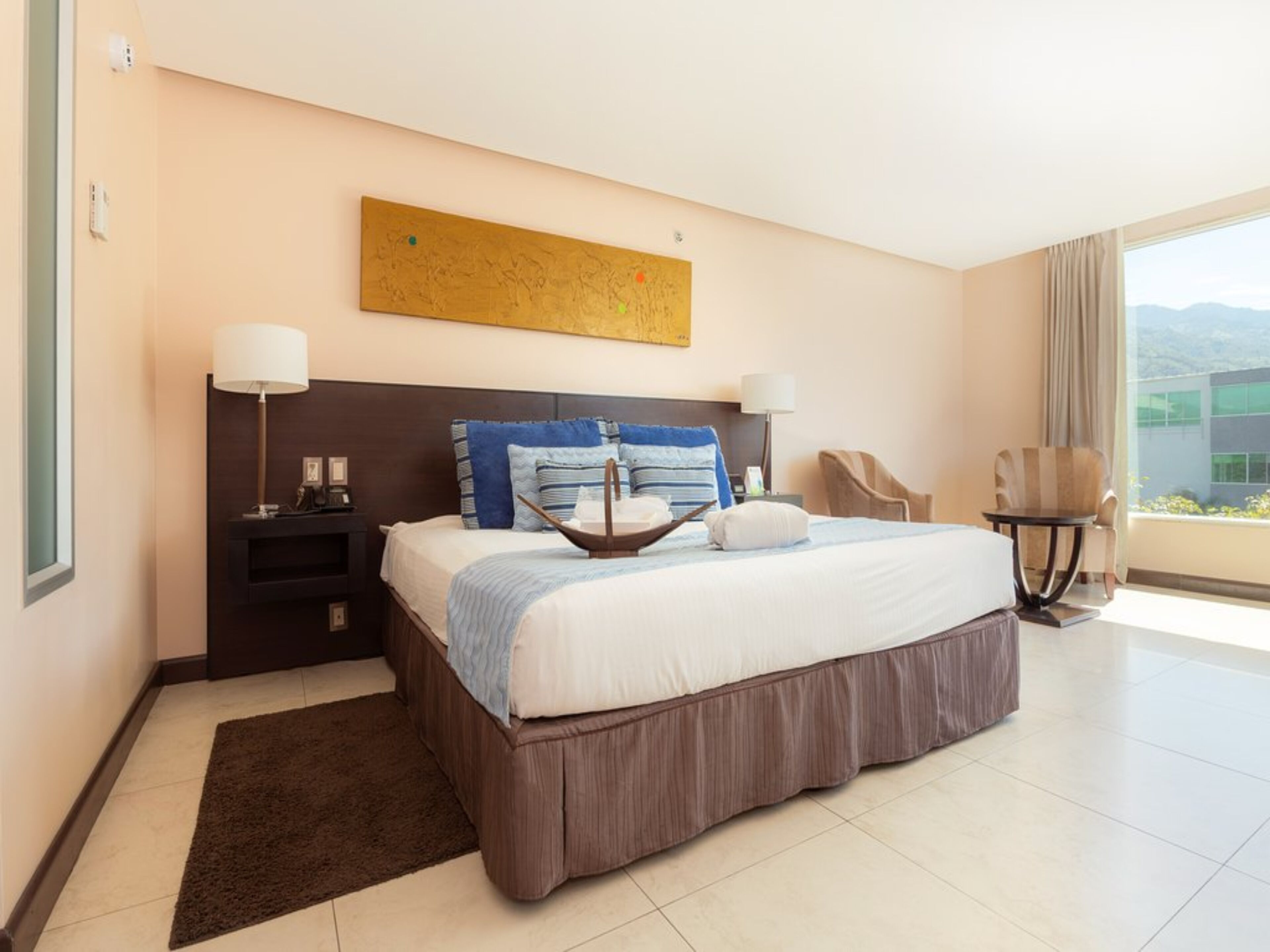 Habitación de hotel con una cama grande, una mesita de noche, un escritorio, una silla y vistas al exterior.