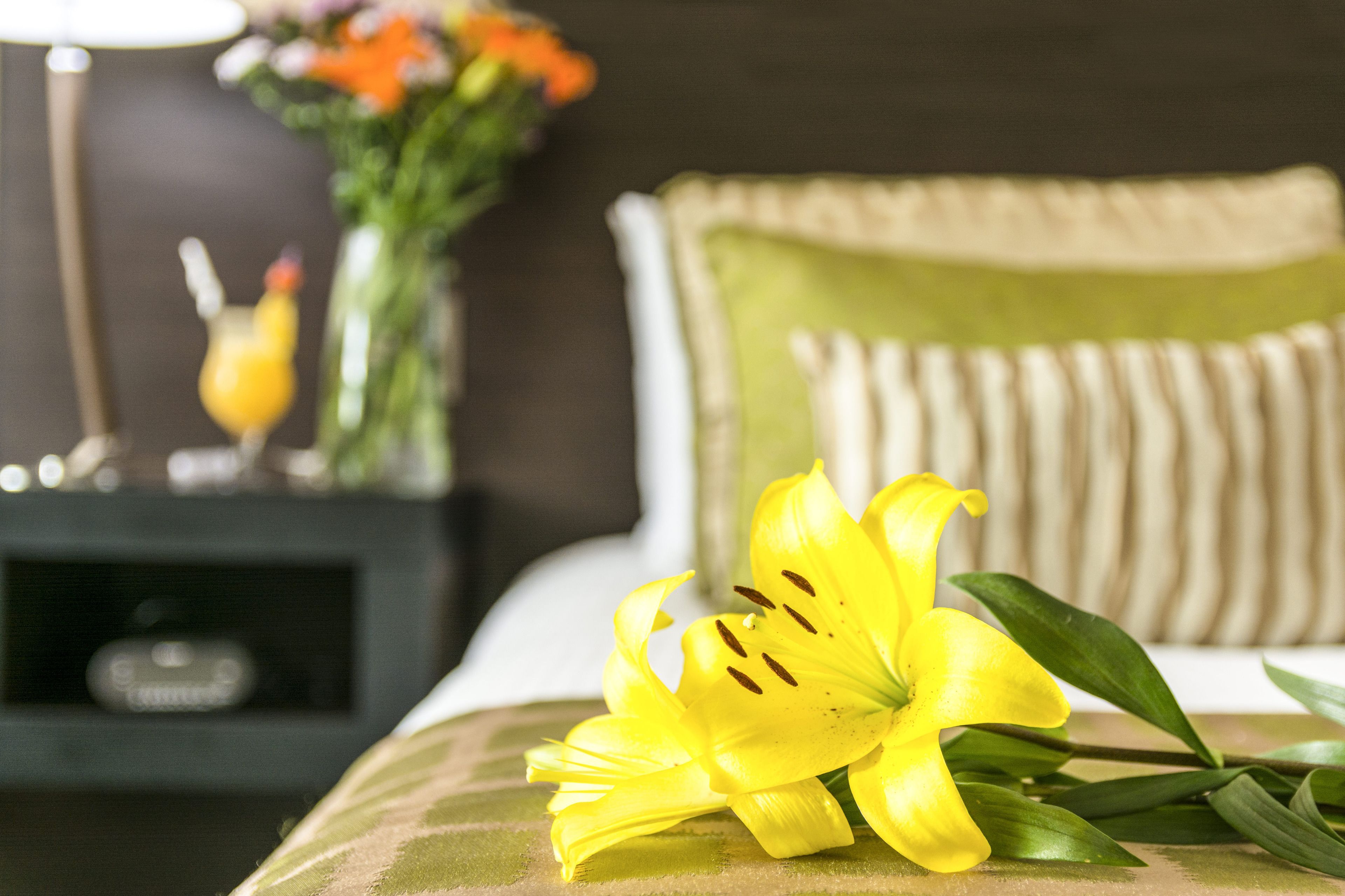 Un letto con un cuscino verde e un fiore giallo sopra.