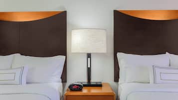 Desk, laptop workspace, blackout drapes, iron/ironing board