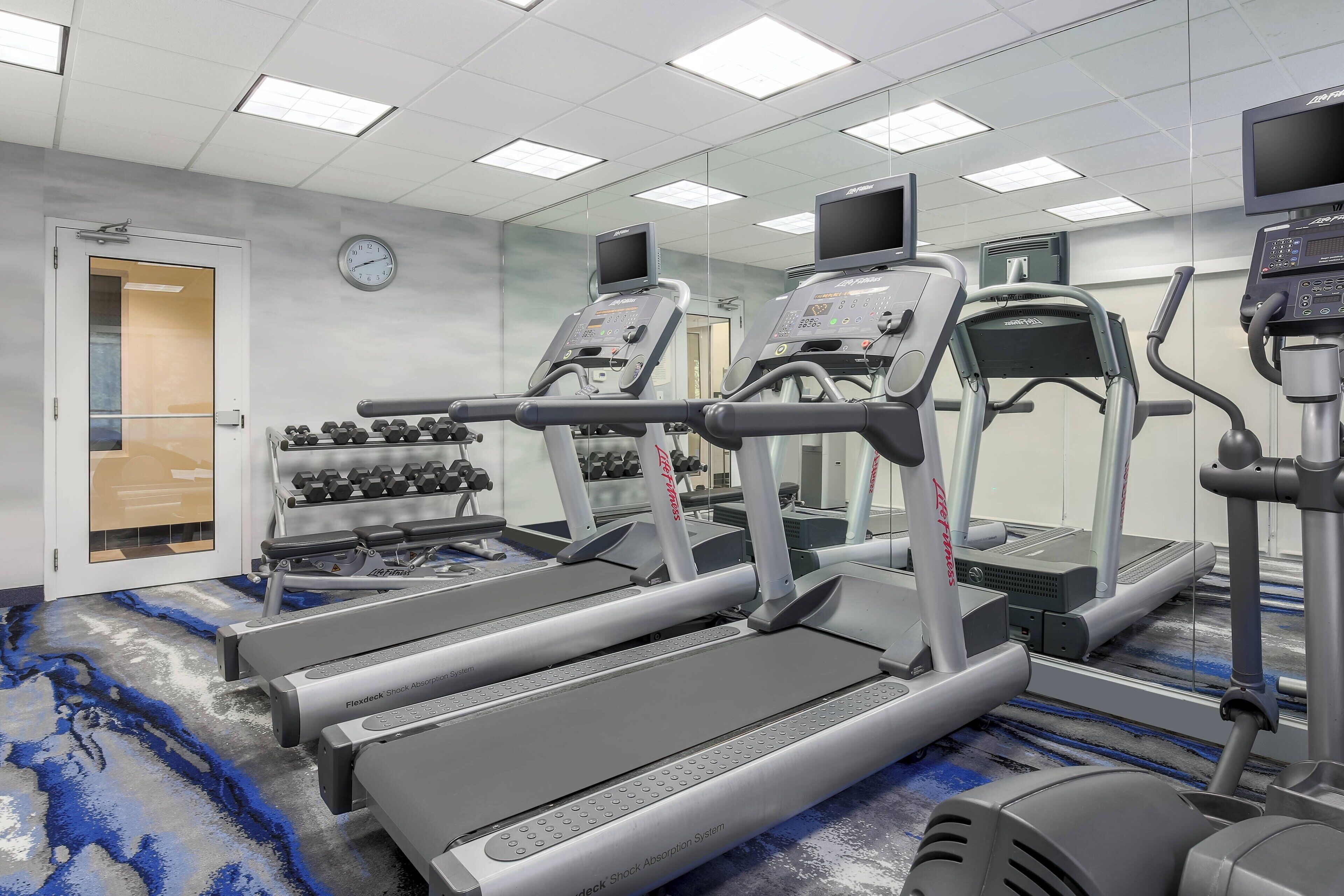 Ett gym med löpband, hantlar och en vägg täckt med speglar.