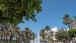 Una plaza pública con una fuente central, rodeada de palmeras y edificios.