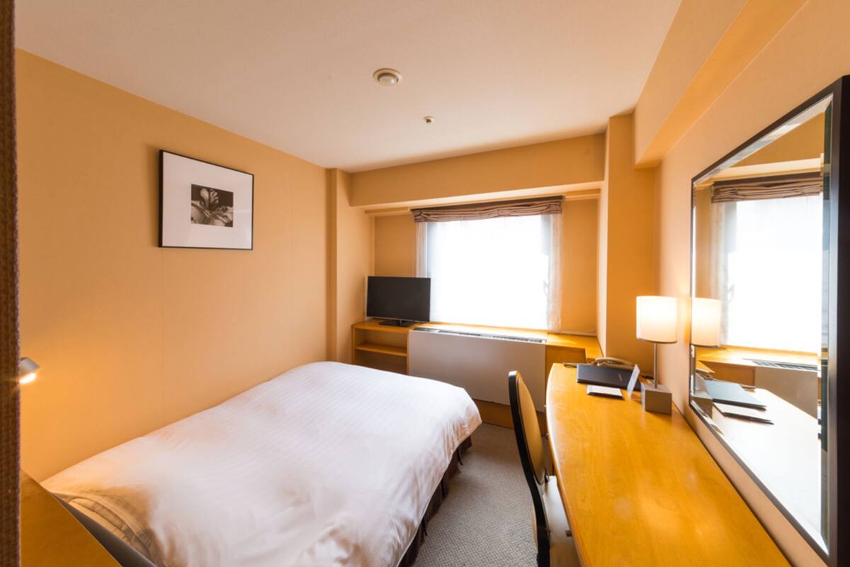 A hotel room with a bed, desk, chair, TV, and windows.